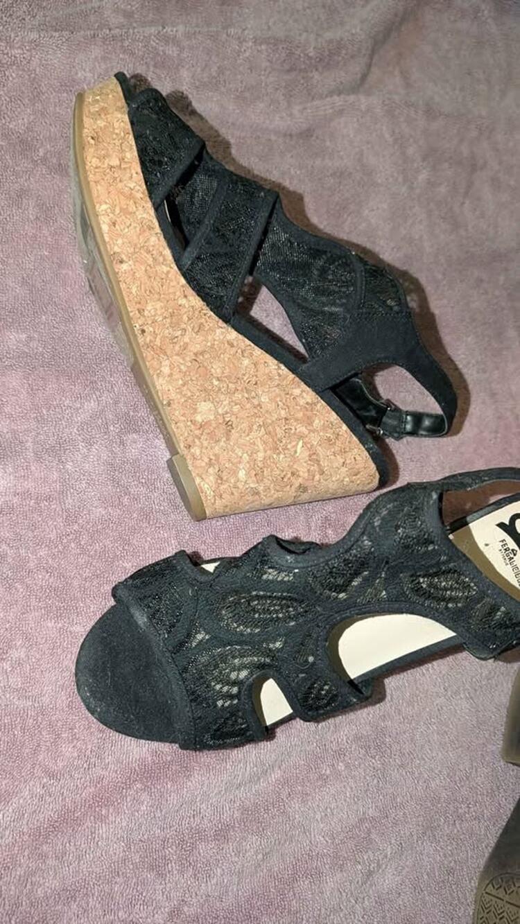 Fergalicious by Fergie Black Lace Cork Wedge Sandals